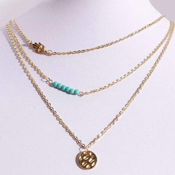 Three Strand Hamsa Turquoise Bead Necklace - Picture 1 of 2